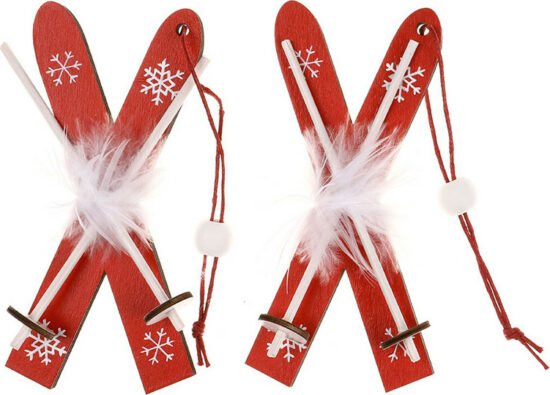Vánoční dekorace - Autronic Sada 2 kusů lyží ze dřeva k zavěšení - červená AC7157